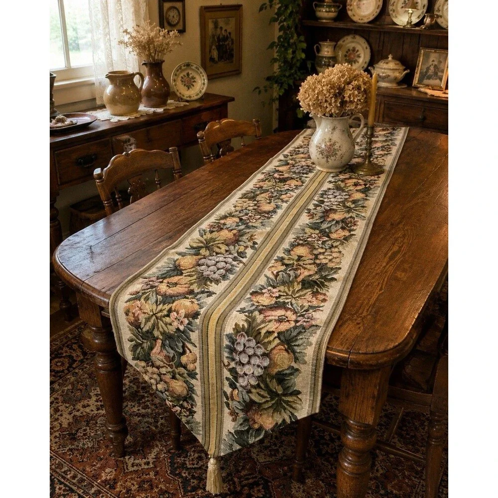Vintage Woven Fruit Tapestry Table Runner Tassels Farmhouse Cottagecore Style